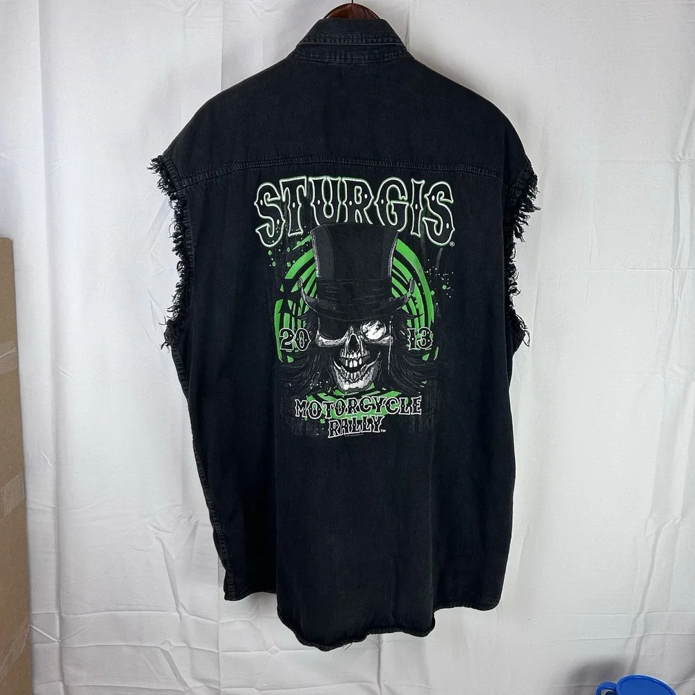 STURGIS - 2013, 73rd Annual Black Hills Rally Metal Black Cut-Off Denim Vest 3XL